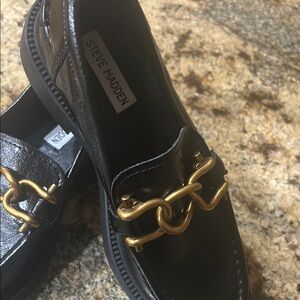 Steve Madden Black and Gold Flats with Chain Detail
